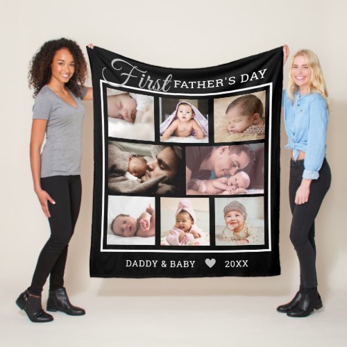 Happy First Fathers Day 8 Photo Collage  Black Fleece Blanket