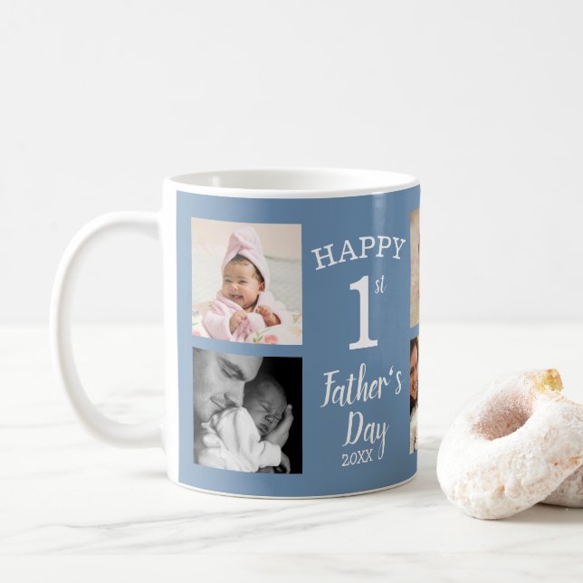Happy First Father's Day 8 Photo Collage Blue Coffee Mug (With Donut)