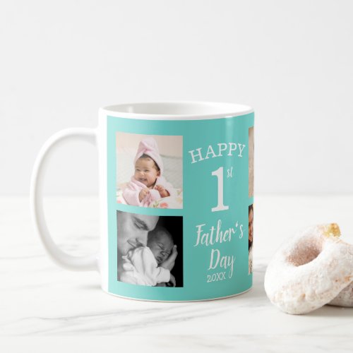 Happy First Fathers Day 8 Photo Collage Cyan Coffee Mug