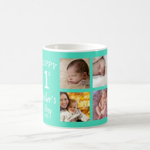 Happy First Fathers Day 8 Photo Collage Green Coffee Mug