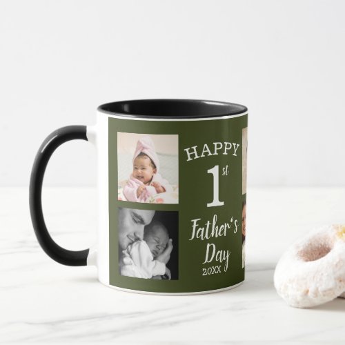 Happy First Fathers Day 8 Photo Collage Green Mug