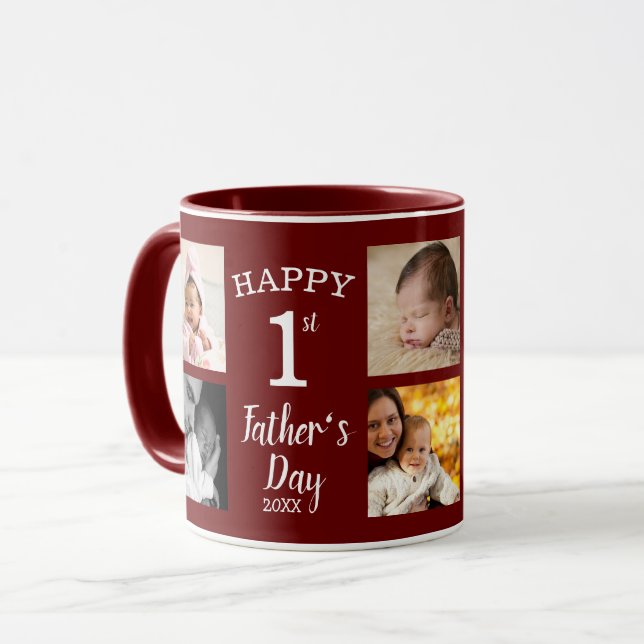 Happy First Father's Day 8 Photo Collage Maroon Mug (Front Left)