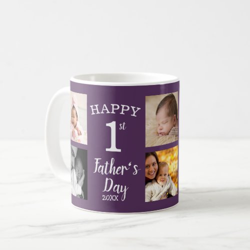 Happy First Fathers Day 8 Photo Collage Purple Coffee Mug