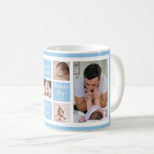 Happy First Fathers Day Baby Blue 5 Photo Collage Coffee Mug