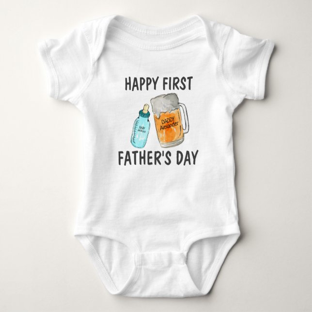 Happy First Father's Day Baby Bottle Beer Mug Name Bodysuit (Front)