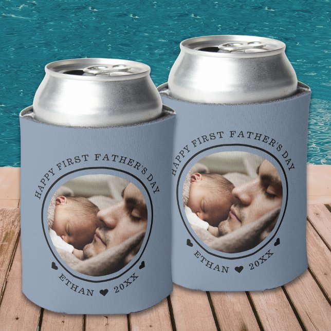 Happy First Father's Day Baby Photo Gray New Dad  Can Cooler (Creator Uploaded)