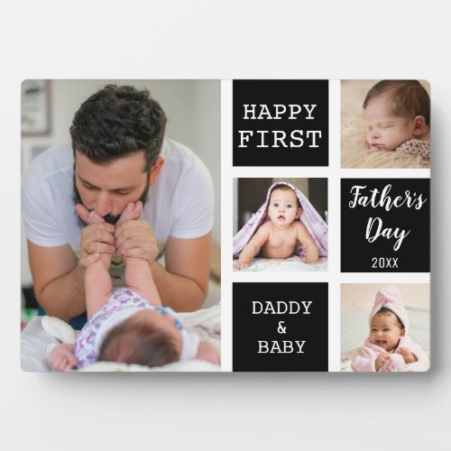 Happy First Fathers Day Black 4 Photo Collage Plaque