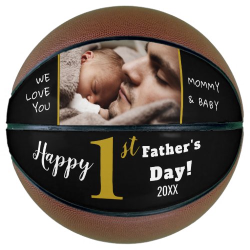 Happy First Fathers Day Black Gold Custom Photo   Basketball