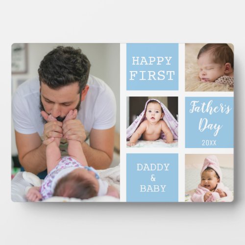 Happy First Fathers Day Blue 4 Photo Collage Plaque