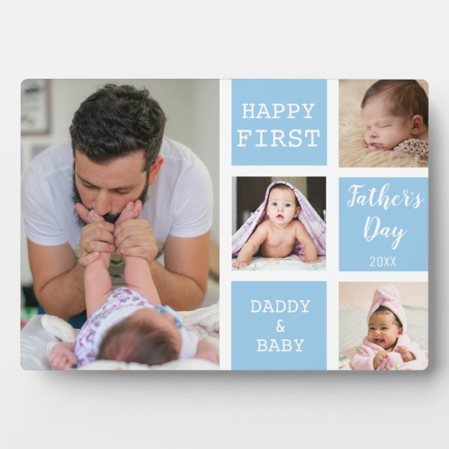 Happy First Father's Day Blue 4 Photo Collage Plaque (Front)