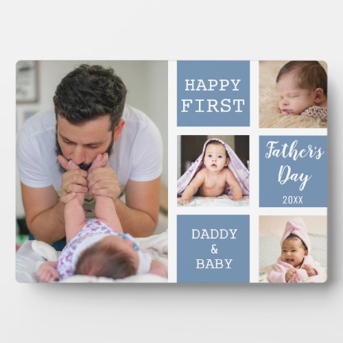 Happy First Fathers Day Blue 4 Photo Collage   Plaque