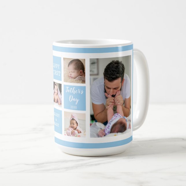 Happy First Father's Day Blue 5 Photo Collage Coffee Mug (Front Right)