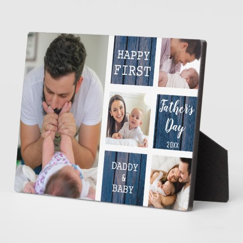 Happy First Fathers Day Blue Wood 4 Photo Collage Plaque