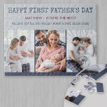 Happy First Fathers Day Custom Message and 3 Photo Jigsaw Puzzle<br><div class="desc">Custom photo puzzle to say "happy first father's day". The template is set up ready for you to add 3 of your favorite photos, name(s), custom message and you edit the occasion as well if you wish. The puzzle has a color palette of deep blue, burgundy and grey. Vertical, portrait...</div>