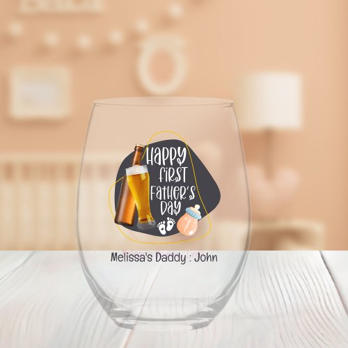 Happy First Fathers Day Cute Playful Stemless Wine Glass