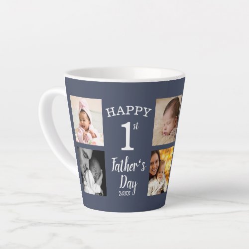 Happy First Fathers Day Dad 8 Photo Collage Blue Latte Mug