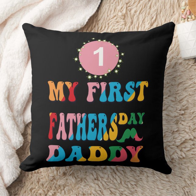 Happy First Fathers Day Daddy Black Throw Pillow (Blanket)