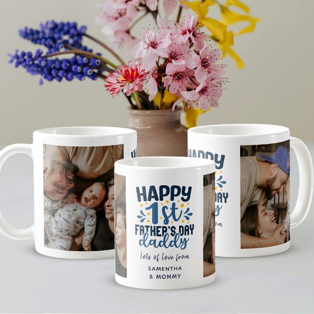 Happy First Father's Day Daddy Bold Blue & Photo Coffee Mug (Creator Uploaded)