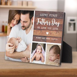 Happy First Father's Day Dark Wood 3 Photo Collage Plaque