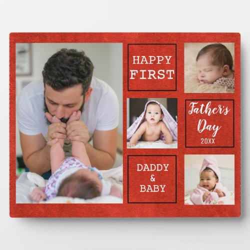 Happy First Fathers Day Faux Red Velvet 4 Photo Plaque