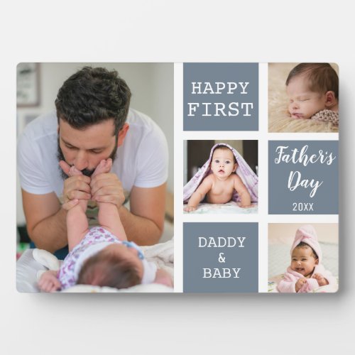 Happy First Fathers Day Gray 4 Photo Collage Plaque