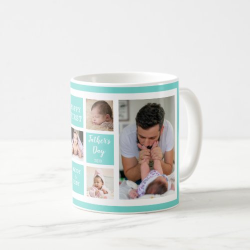 Happy First Fathers Day Green 5 Photo Collage Coffee Mug