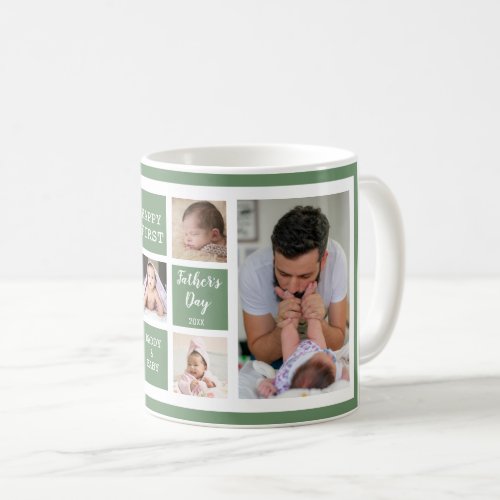 Happy First Fathers Day Green 5 Photo Collage   Coffee Mug