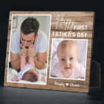 Happy First Father's Day New Dad 2 Photo Wood Plaque<br><div class="desc">First father's day gift idea -A modern photo plaque with a collage grid created with 2 pictures and message on a trendy Wood texture background.</div>