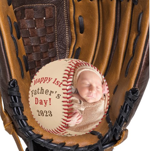 Happy First Fathers Day Personalized 2 Photo Base Baseball