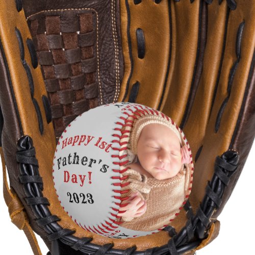 Happy First Fathers Day Personalized 2 Photo Gray Baseball