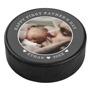 Happy First Father's Day Personalized Photo Gray Hockey Puck