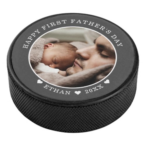 Happy First Fathers Day Personalized Photo Gray Hockey Puck