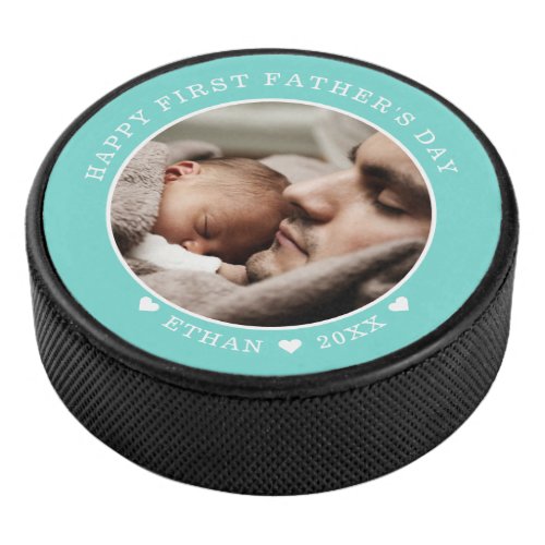 Happy First Fathers Day Personalized Photo Green Hockey Puck
