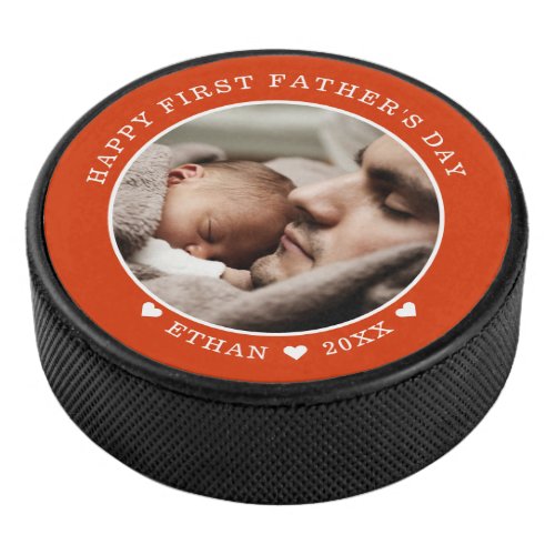 Happy First Fathers Day Personalized Photo Red Hockey Puck