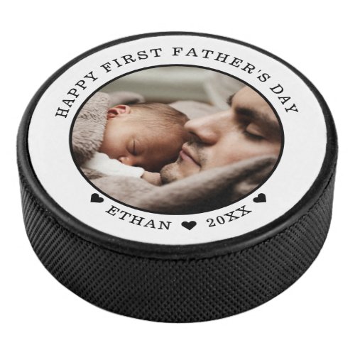Happy First Fathers Day Personalized Photo White Hockey Puck