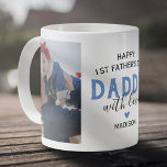 Happy First Father's Day Photo Coffee Mug<br><div class="desc">Modern new dad picture mug featuring the cute saying "happy 1st father's day daddy",  2 photos of the children,  a blue heart,  and their name.</div>