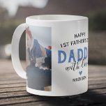 Happy First Father's Day Photo Coffee Mug<br><div class="desc">Celebrate the journey of first-time fatherhood with our modern new dad picture mug. Printed with the heartfelt phrase 'happy 1st father's day daddy', it also displays two adorable photos of the children, a symbol of love in form of a blue heart and your personalization with their name. Grab this mug...</div>