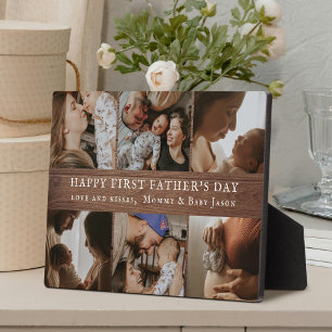 Happy First Father's Day Photo Collage Rustic Wood Plaque