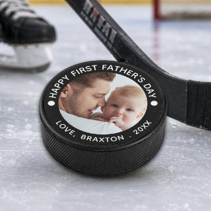 Happy First Fathers Day Photo Your Color Hockey Puck