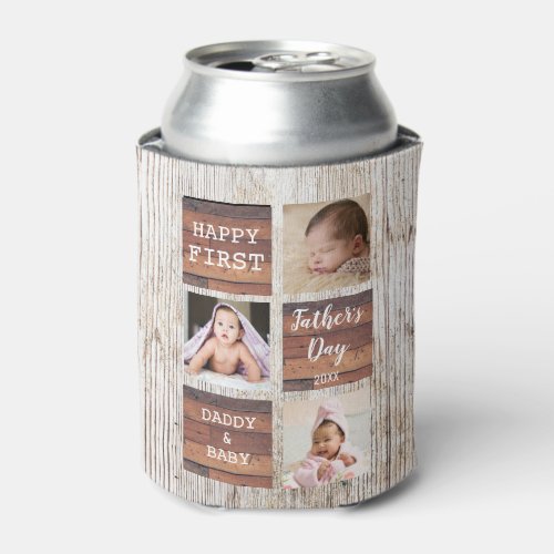 Happy First Fathers Day Wood 4 Photo Collage   Can Cooler