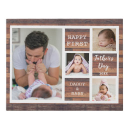 Happy First Father&#39;s Day Wood 4 Photo Collage   Faux Canvas Print
