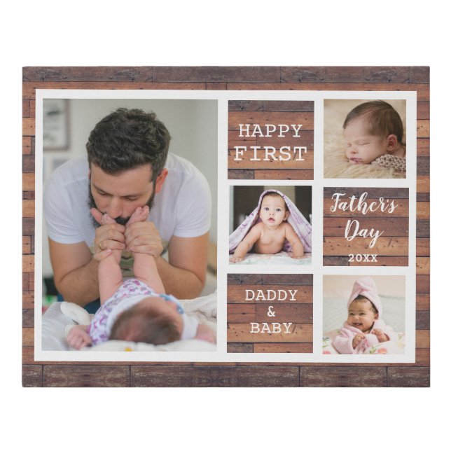 Happy First Father's Day Wood 4 Photo Collage   Faux Canvas Print (Front)