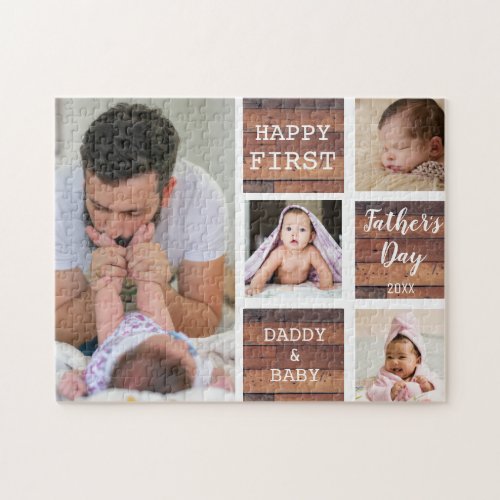 Happy First Fathers Day Wood 4 Photo Collage   Jigsaw Puzzle