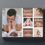 Happy First Father's Day Wood 4 Photo Collage Plaque<br><div class="desc">First father's day gift idea -A modern photo plaque with a collage grid created with 4 pictures and message on a trendy Wood  block.</div>