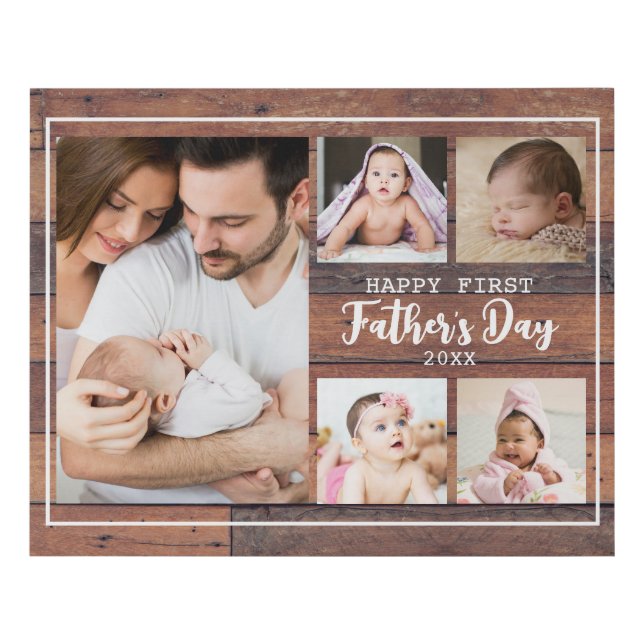 Happy First Father's Day Wood 5 Photo Collage   Faux Canvas Print (Front)