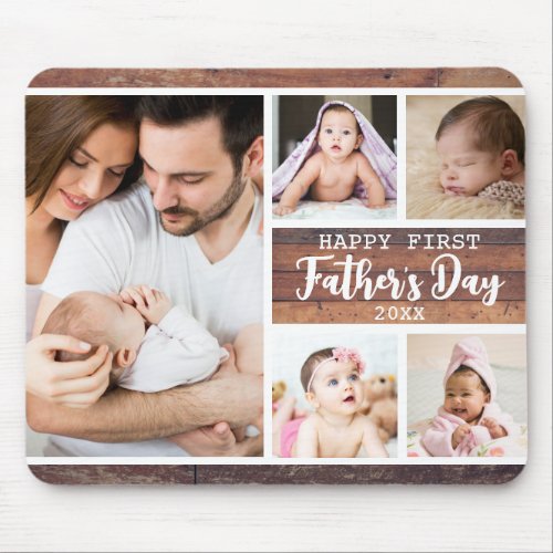 Happy First Fathers Day Wood 5 Photo Collage   Mouse Pad