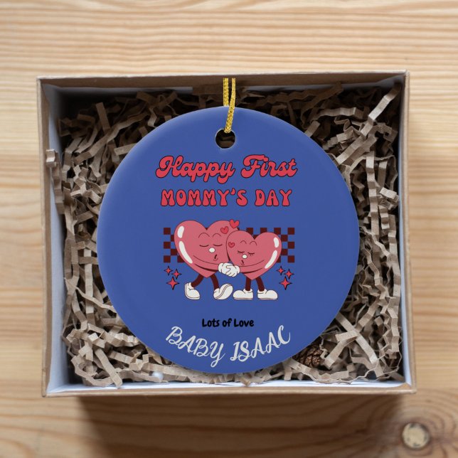 Happy First Mommy's Day with Heart and Baby Name Ceramic Ornament (First Mother's Day Ornament Keepsake)