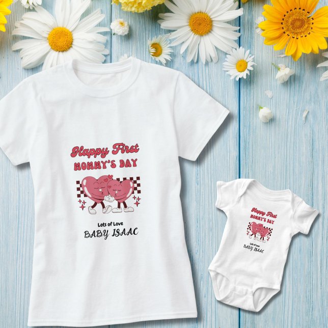 Happy First Mommy's Day with Heart and Baby Name T-Shirt (First Mommy's Day with our matching clothes for mommy and baby.  Baby's name is customizable.)