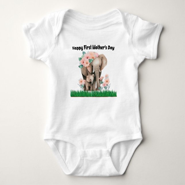 happy first mother day cute elephant  baby bodysuit (Front)