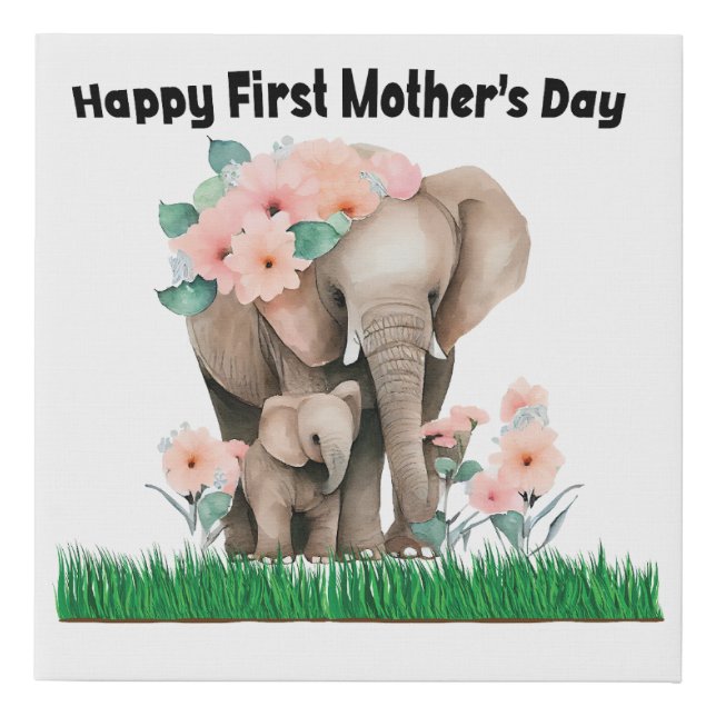 happy first mother day cute elephant faux canvas print (Front)